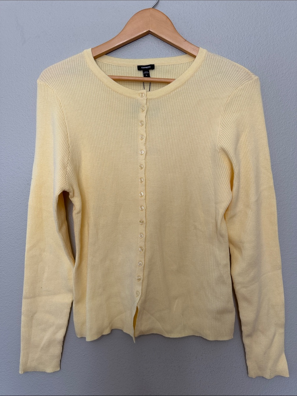 Express Pale Yellow Ribbed Button-Up Cardigan Preppy‎ Cottage Core XL Women’s